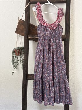 J.Crew XS Floral Ruffle Neck Dress Boho Cottagecore Sleeveless Midi Blue Red